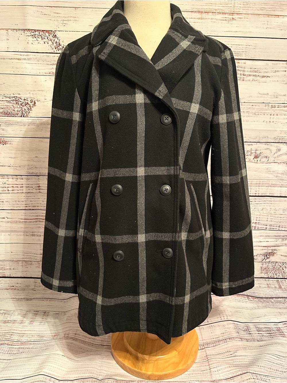 GAP Women’s Black & Gray plaid Double-Breasted Peacoat